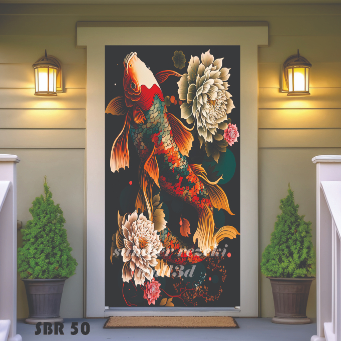 Wallpaper Dinding 3D Ruang Tamu Motif Ikan Koi, Lukisan Stiker Dinding Ruang Tamu Motif Ikan Koi 3D