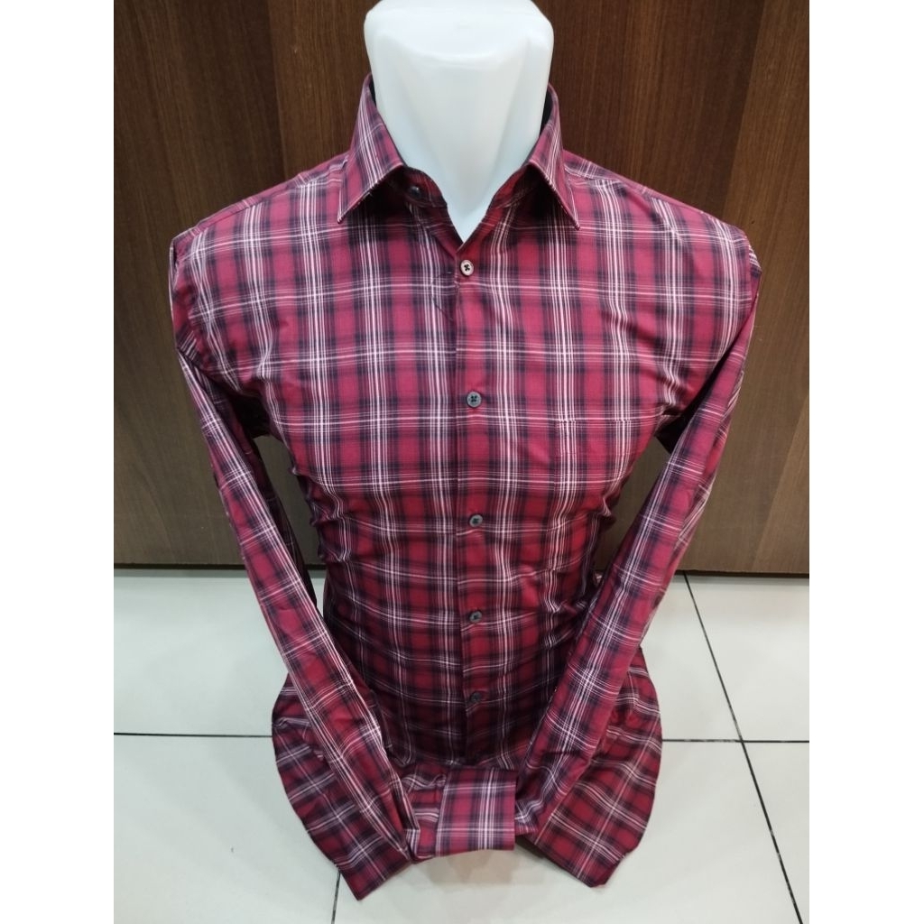 Alisan Kemeja Formal Pria Kotak-Kotak Lengan Panjang Slimfit