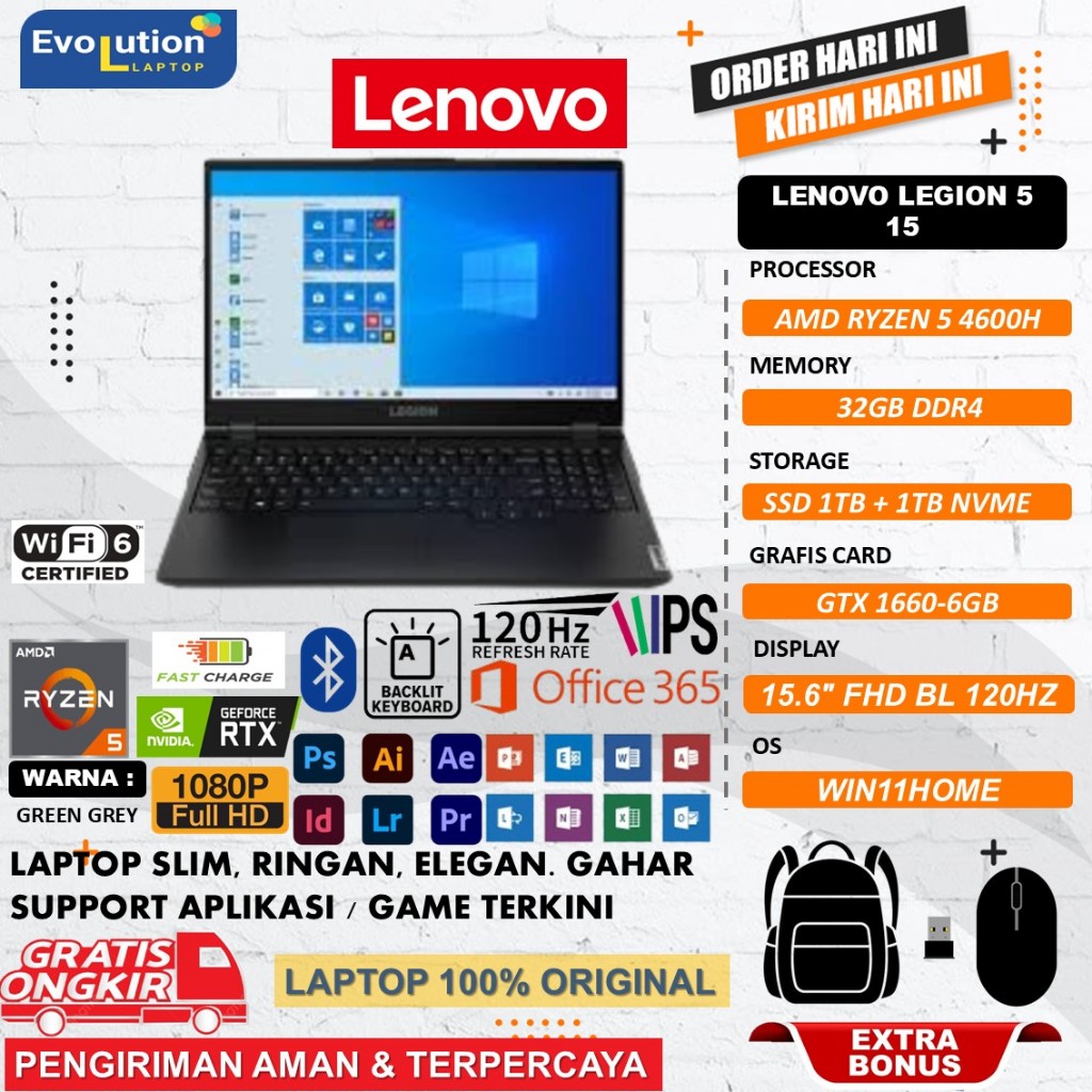 Lenovo Legion 5 15ARH05 Ryzen 5 4600H RAM 32GB 1TB SSD + 1TB HDD GTX1660Ti 6GB Windows 11 Original