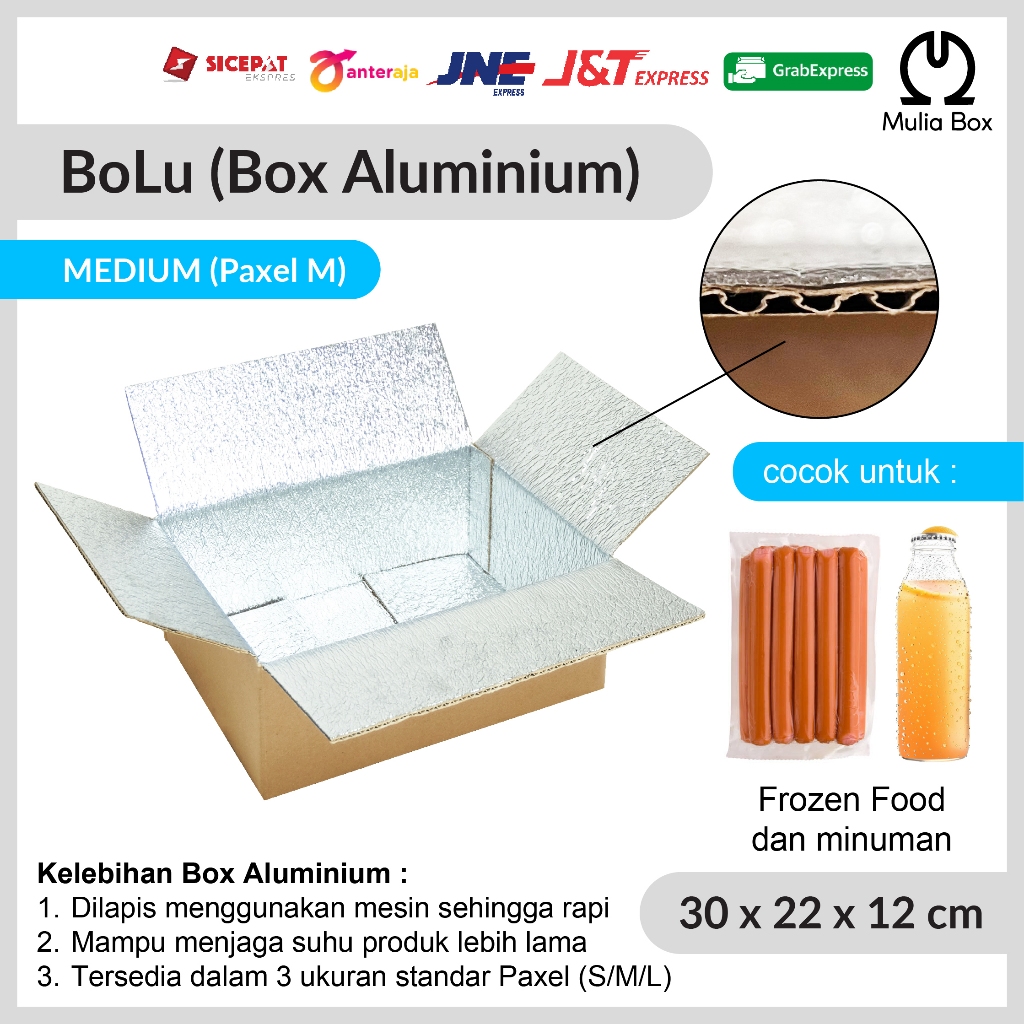 

Kardus Packing Standar Box Frozen Food 30 x 22 x 12 cm BoLu Corrugated Aluminium Foil Paxel Medium