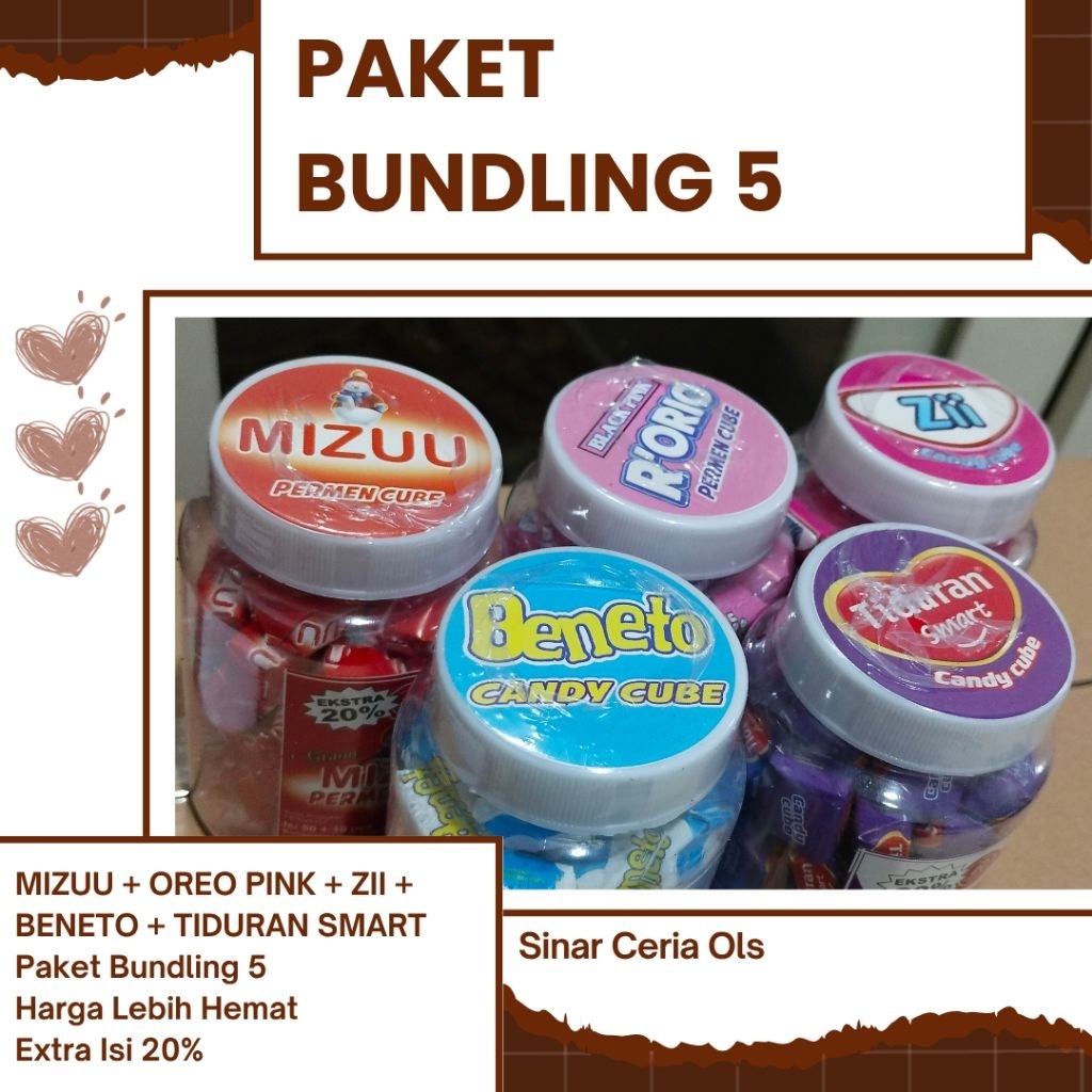 

Permen Bundle isi 5 Candy Cube MIZZU + OREO PINK + ZII + BENETO + TIDURAN / Candy Cube isi 60pcs Rendah Gula