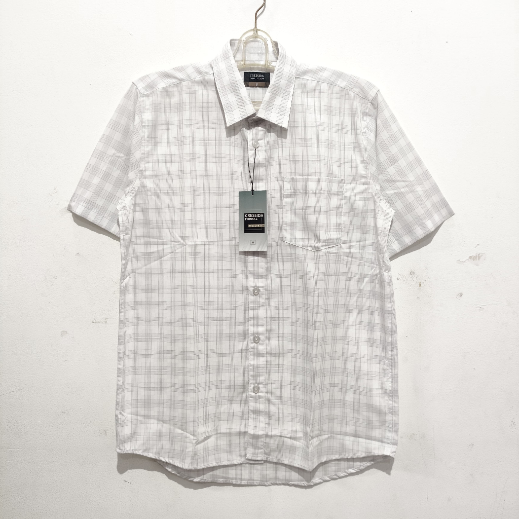 CRESSIDA Kemeja Formal Pria Putih Abu Kotak-kotak Lengan Pendek HMCKS.UB898X