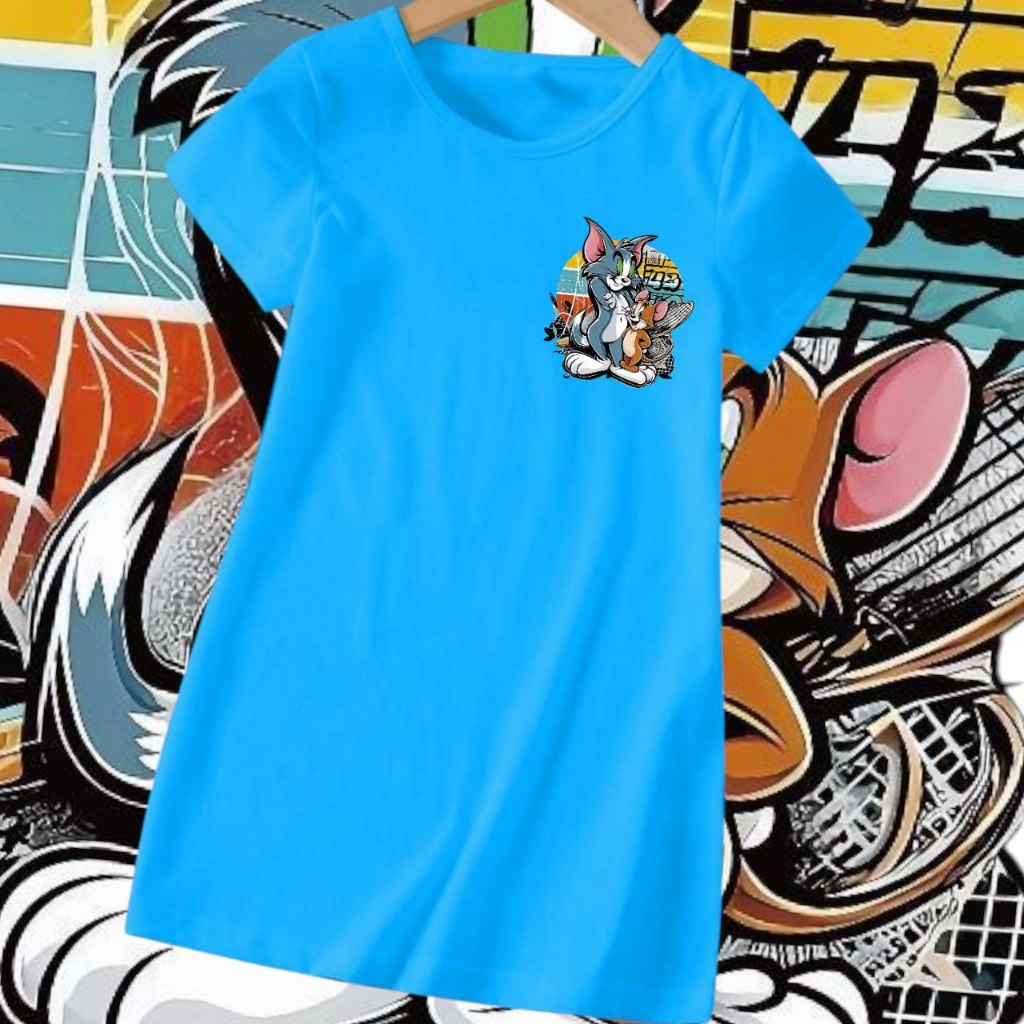 DRESS / TERUSAN BAJU ANAK PEREMPUAN MOTIF RAKET JERRY TOM KEKINIAN BAHAN ADEM
