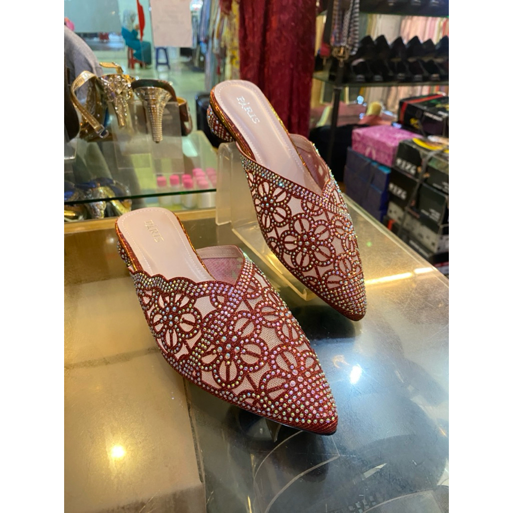 SENDAL PESTA MERAH SENDAL PENGANTIN MERAH 3cm HEELS RENDAH 12625