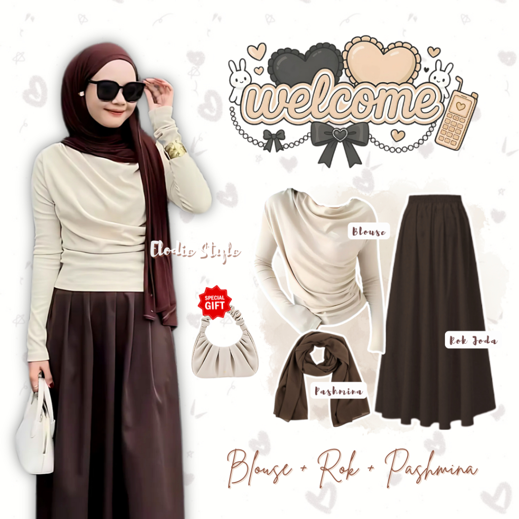 Oneset 3in1 Cantik Simple (Blouse, Rok Joda, Hijab) Outfit Hijab ke Pantai - ES120