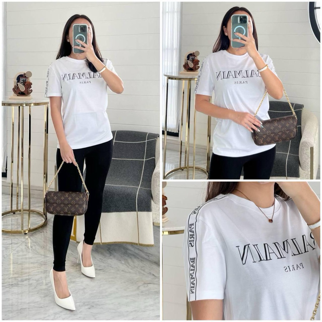 Balmain Tshirt White Logo Black Tape on Shoulder