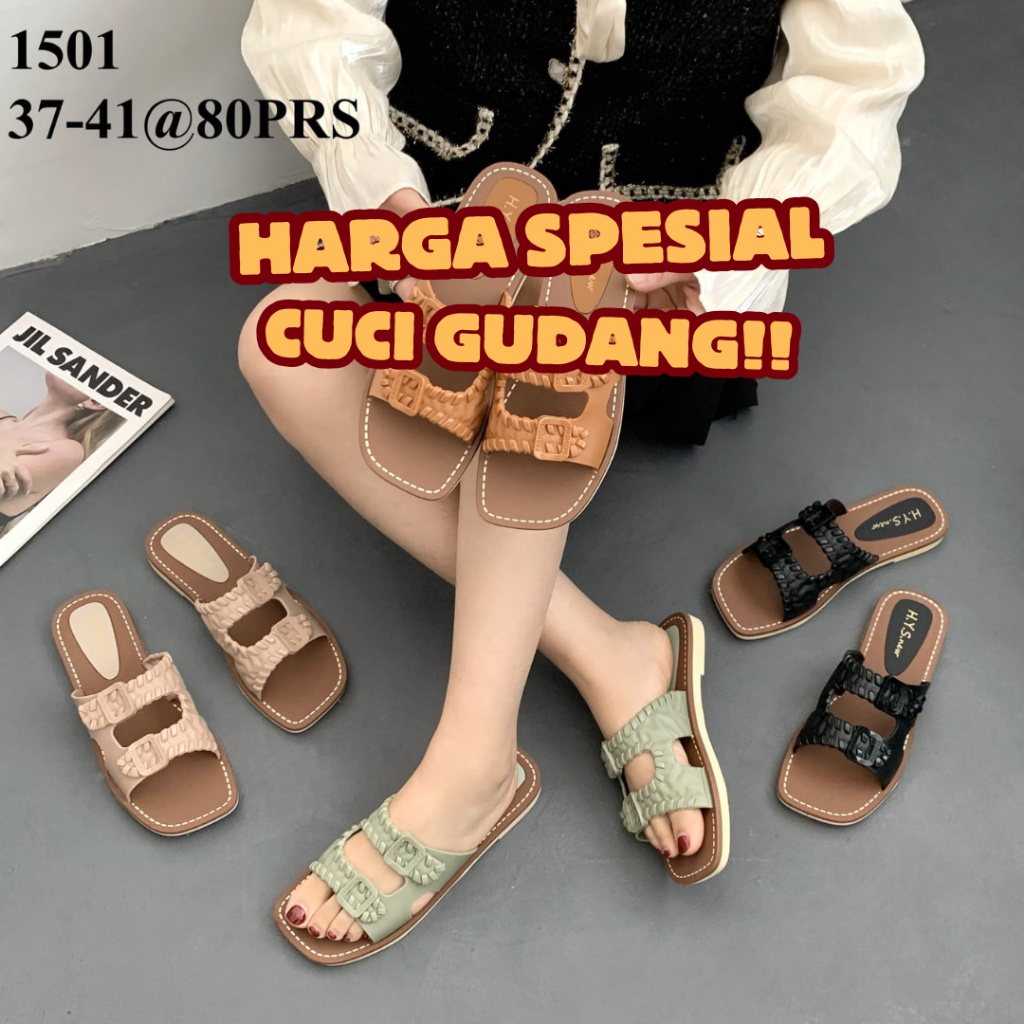 Sandal Fashion Wanita Karet H.Y.S New Motif Strap Sambung Ujung Terbuka Sandal Flat 1501