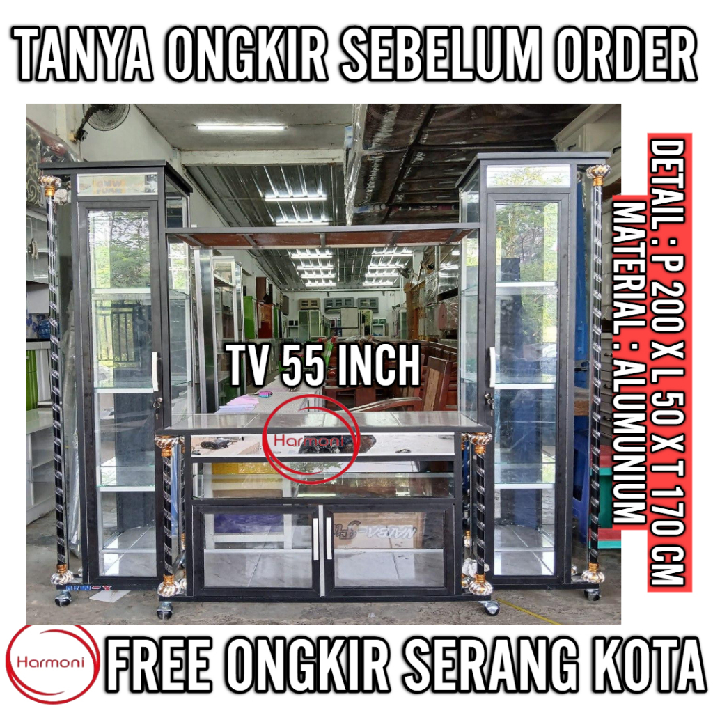 BUFET TV ALUMUNIUM KACA LEMARI TV ALUMUNIUM KACA LEBAR 200 CM TV 55''