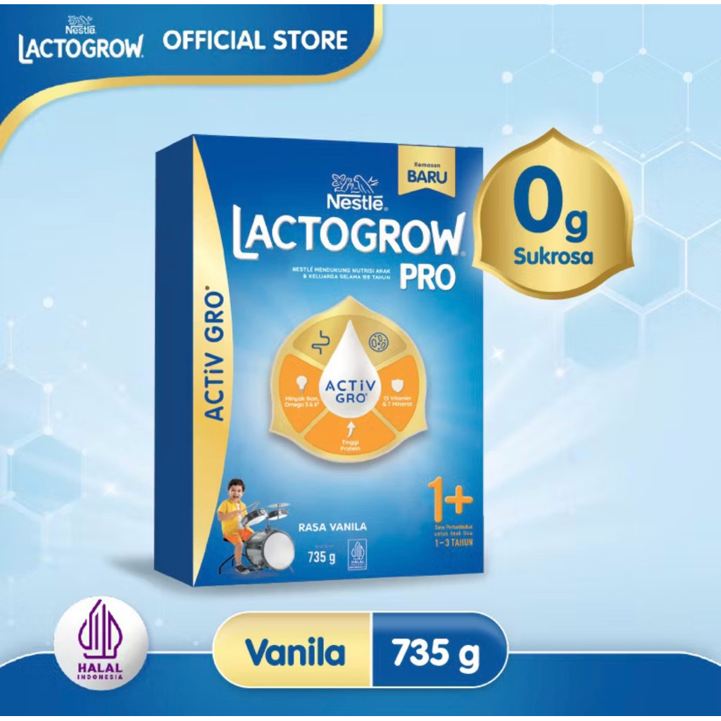 

Nestle LACTOGROW Pro 1+ / LACTOGROW 3 Dengan ACTiVGRO Susu Vanila Box - 735g [1-3 Tahun]