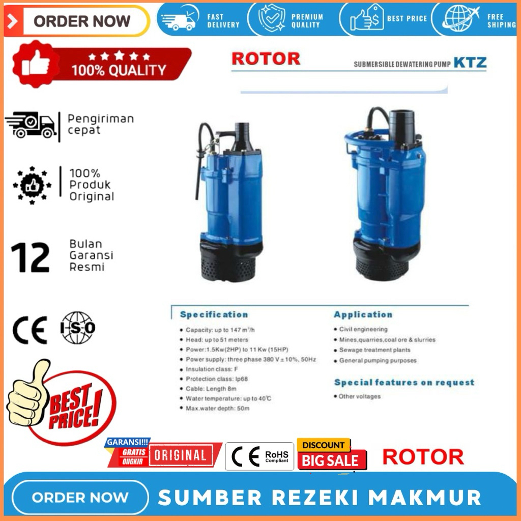 Pompa Celup Lumpur Dewatering 15HP Rotor KTZ 411 Submersible KTZ411