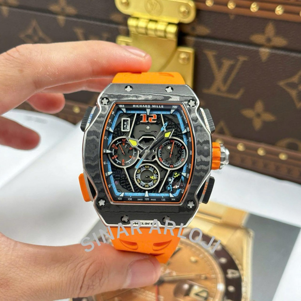 JAM TANGAN PRIA/COWOK RM 65-01 MCLAREN ORANGE CARBON AUTOMATIC SWISS CLONE #Jamtanganpria #Jamtangan