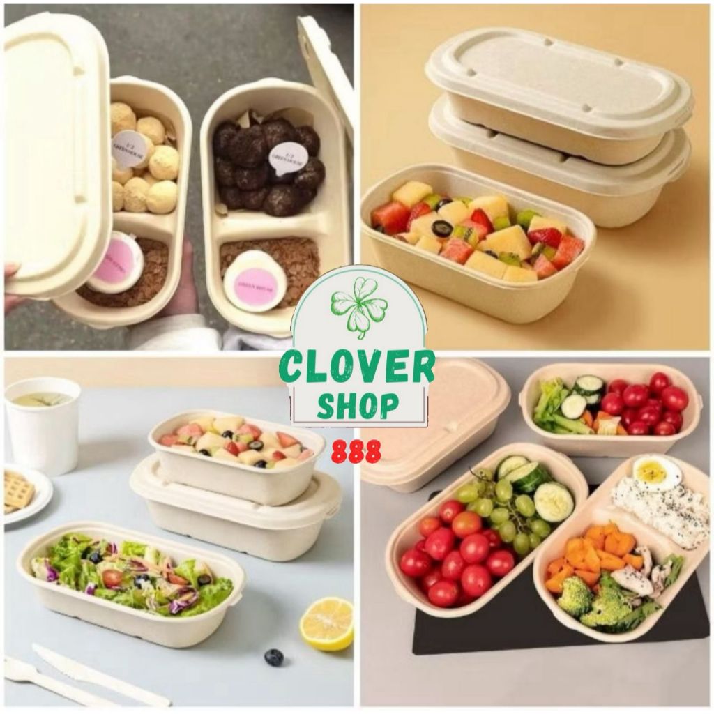 10pcs Bagasse Food Box Oval + Tutup Bagasse Lunch Box Cake Kotak Makan Sekat Kotak Makan Tutup