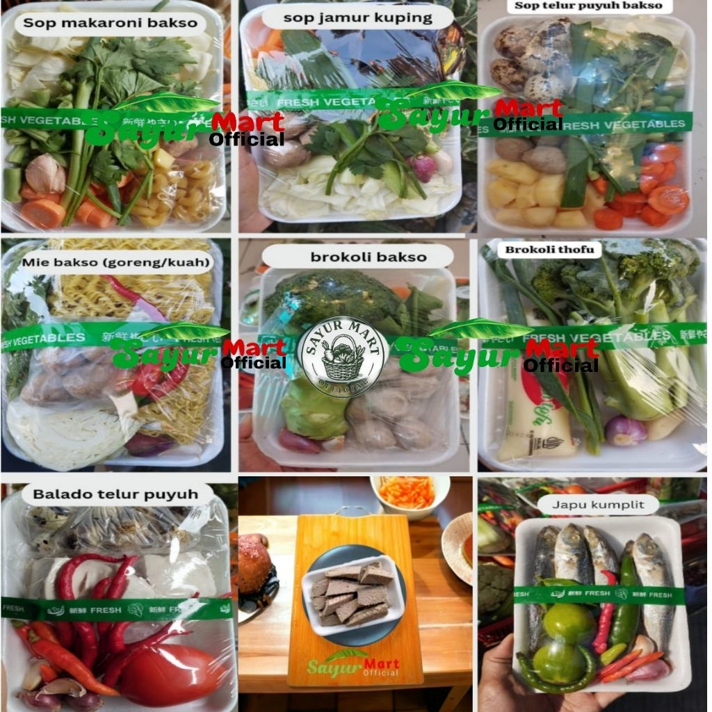 

Sayur Pack Sop Makaroni Bakso/Sop Jamur Kuping/Sop Telur Puyuh Bakso/Mie Bakso/Brokoli Bakso/Brokoli Thofu/Balado Telur Puyuh/Cue Tongkol Iris/Japu Kompit