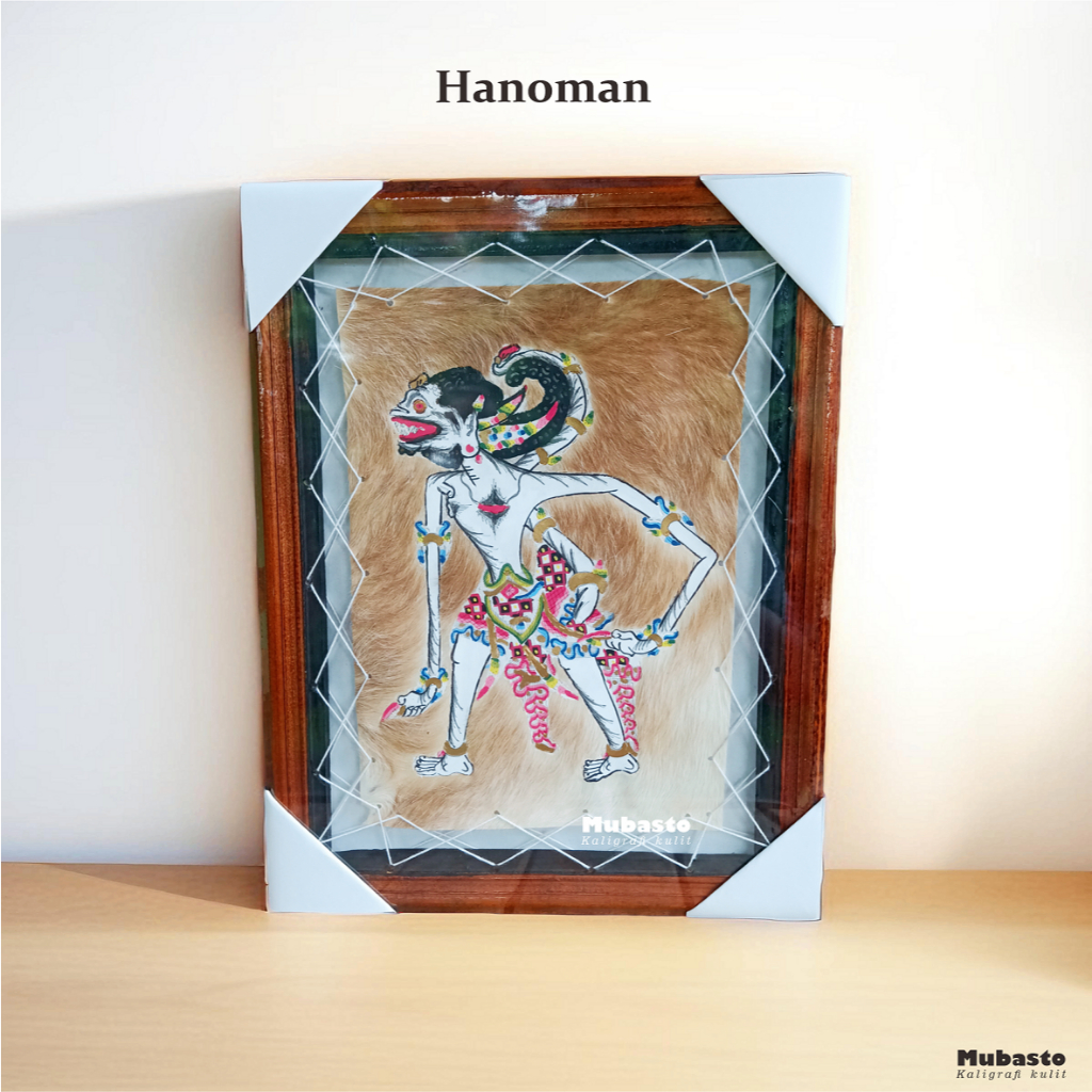 LUKISAN WAYANG HIASAN DINDING HANOMAN ANOMAN KULIT KAMBING 45x35cm