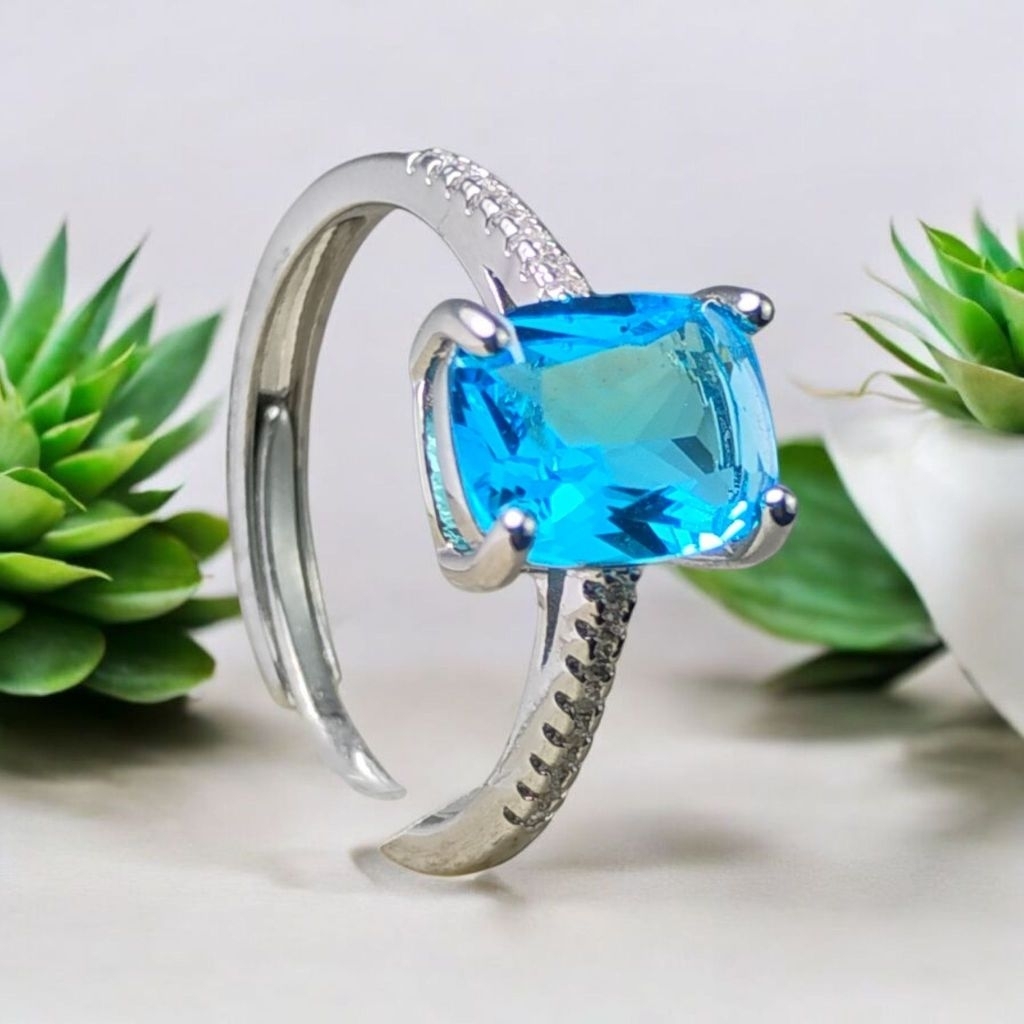 Cincin Silver Perak Wanita Permata Mata Biru Zaqira Serut Adjustable Tahan Karat - PJ124