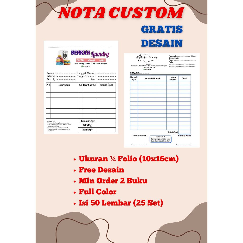 

Cetak nota, nota Custom, Cetak nota nama Toko Custom Murah, 1 ply, 2 ply