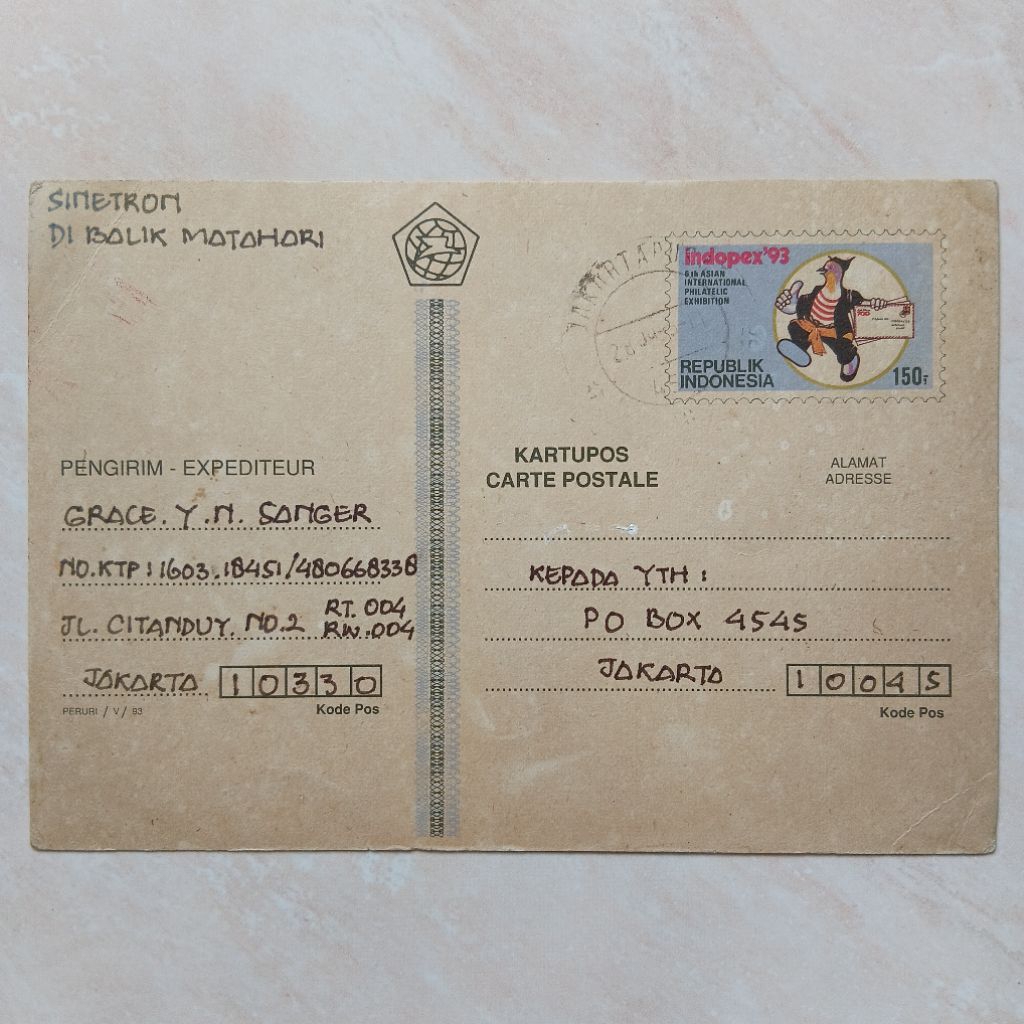 

Kartu Pos Jadul ASLI Seri Indopex 1993 Used utk Kuis TVRI Grace - YN2470