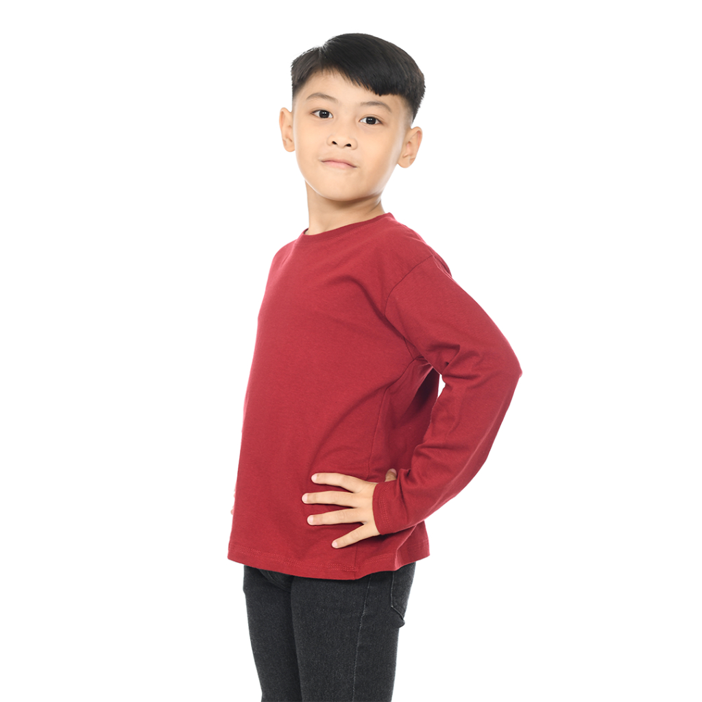 NOZ Kaos Anak Lengan Panjang Polos Merah Maroon Bahan Cotton Umur 7-14 Tahun