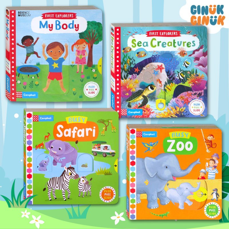 Campbell Push Pull Slide Interactive Board Book - Busy Zoo - Busy Safari - First Explorers Sea Creat