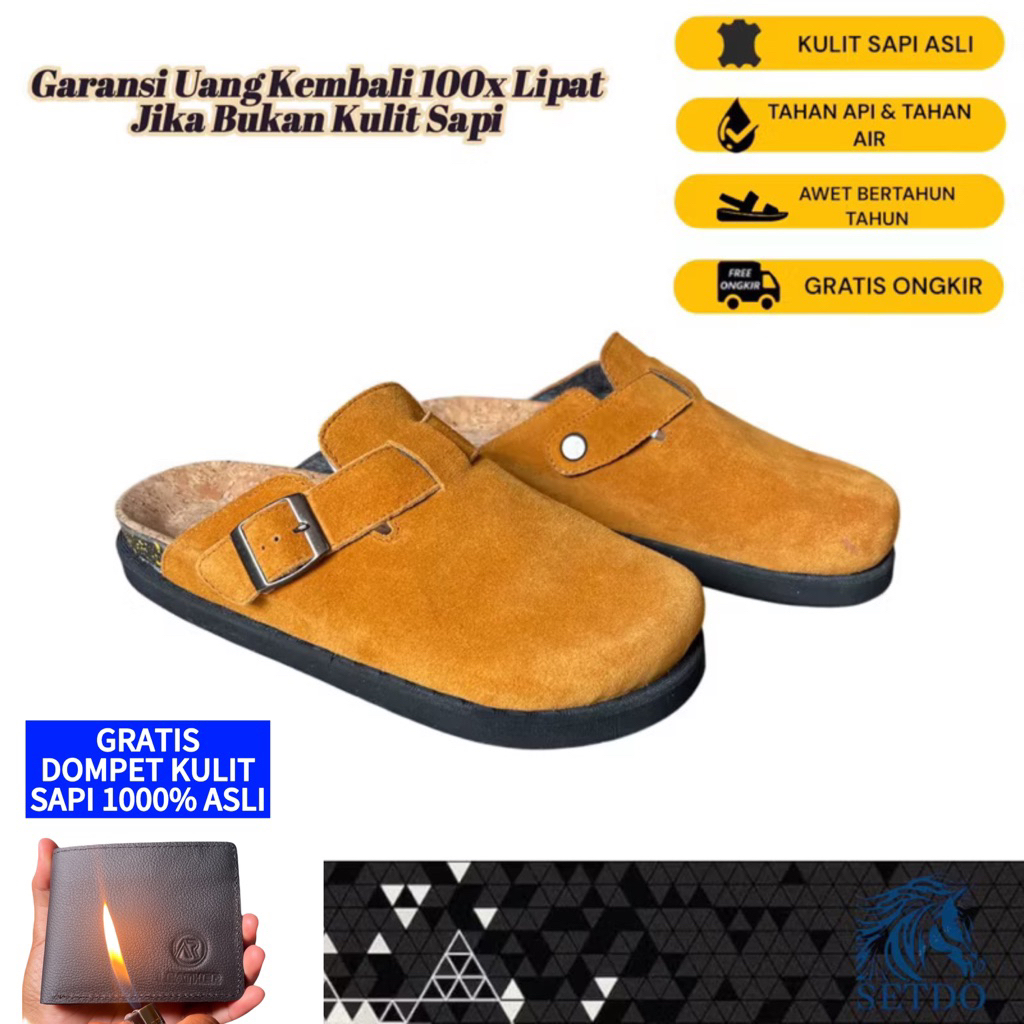 Birkenstock Boston bustong Kulit Sapi asli 100% Leather Original Sandal pria Sepatu Pria