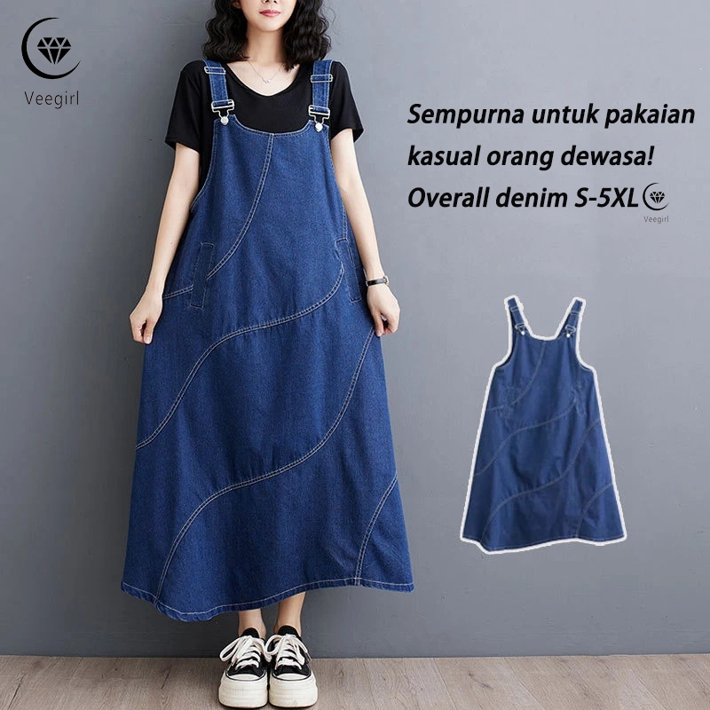 Veegirl  Dress Overall Jeans Wanita Korea Style Longgar Model Terbaru 2025 Casual Denim Dress Cewek 