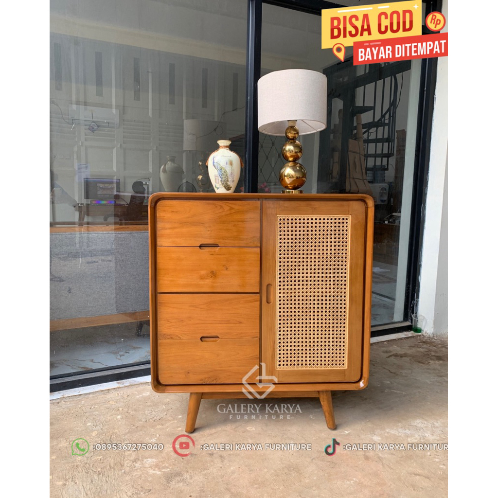 BUFFET NAKAS ROTAN 2 LACI JATI MINIMALIS ASTETIK