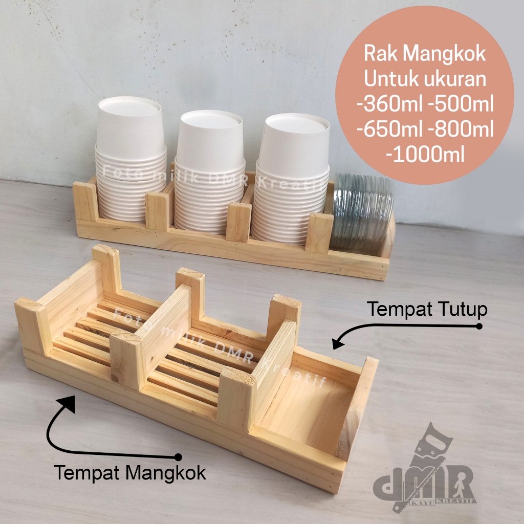 Rak Tempat Mangkok Kertas Paper Cup Bowl Holder Kraft Nasi 360ml 500ml 650ml 800ml Kayu Jati Belanda