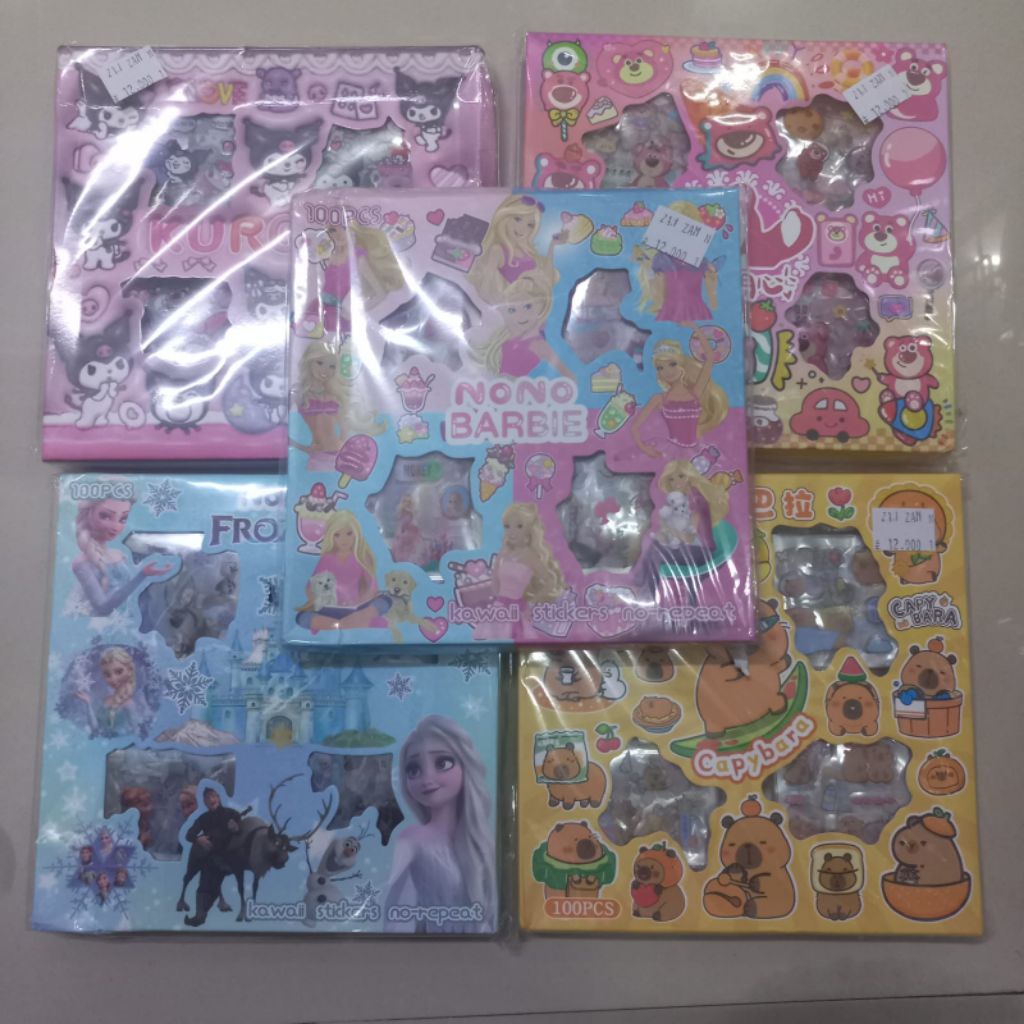 

aneka stiker set anak karakter lucu - stiker kotak karakter kuromi, barbie, frozen, lotso, capybara, pokemon