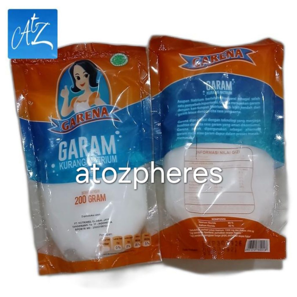 

Garam bumbu dapur penyedap rasa MPASI diet sehat kesehatan kontrol tensi tekanan darah hipertensi darah tinggi rendah kurang natrium berkualitas halal GARENA LESS SODIUM SALT 200g
