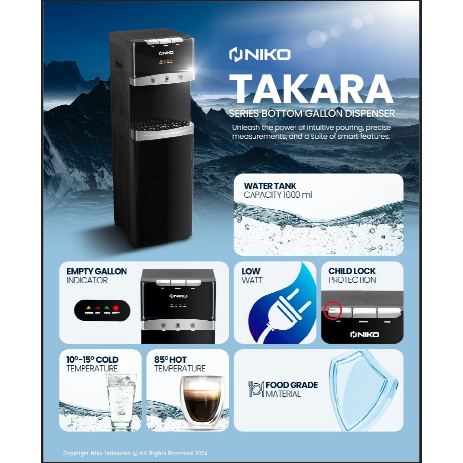 Niko Standing Dispenser Takara TB3BK (Chrome) Galon Bawah Air Dingin, Panas dan Normal