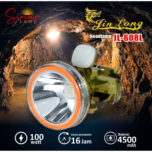 Senter Kepala / Headlamp Jinlong JL 608L + Adaptor waterproof / tahan air 100 watt