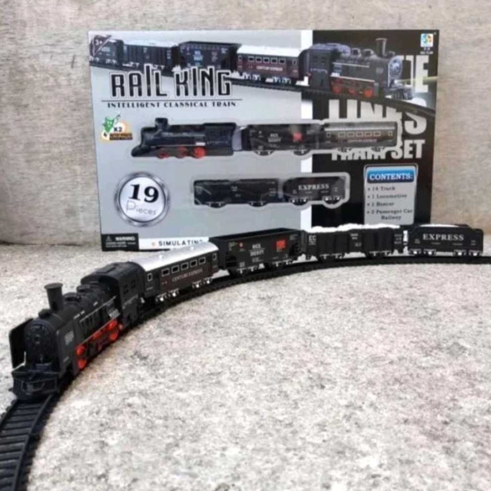 KODE E28A JUMBO Mainan rail king 19pcs mainan kereta api 5 gerbong lokomotif train track railking ma