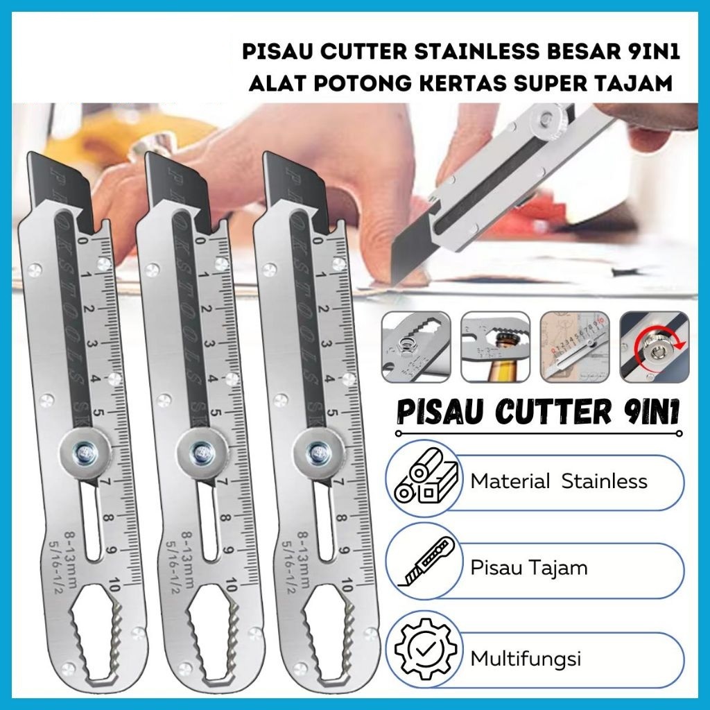 

Pisau Cutter Stainless Besar 9in1 Super Tajam Tahan Karat / Penggaris Screw Buka Kaleng Tutup Botol Baut Sekrup Mur Cuter
