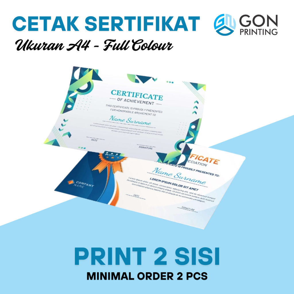 

Cetak Sertifikat Ukuran A4 Custom Bahan Art Carton Linen