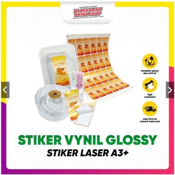 

Stiker Label Laser A3+ Vinyl Glossy K-Tak / Stiker Kemasan Makanan / Stiker Produk ( Free Desain)