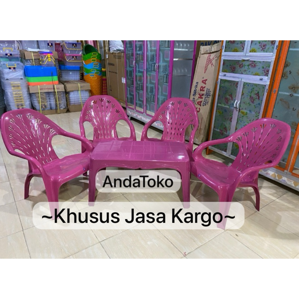 [Khusus Jasa Kargo] Kursi Plastik Pink 1set (2kursi+1MejaPanjang), (4Kursi+1MejaPanjang)