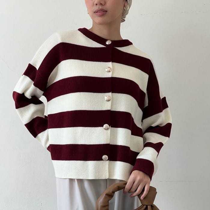 Alice Stripes Knit Cardy - Atasan Wanita Bahan Rajut Tebal Premium - Kardigan Outer Rajut Kancing