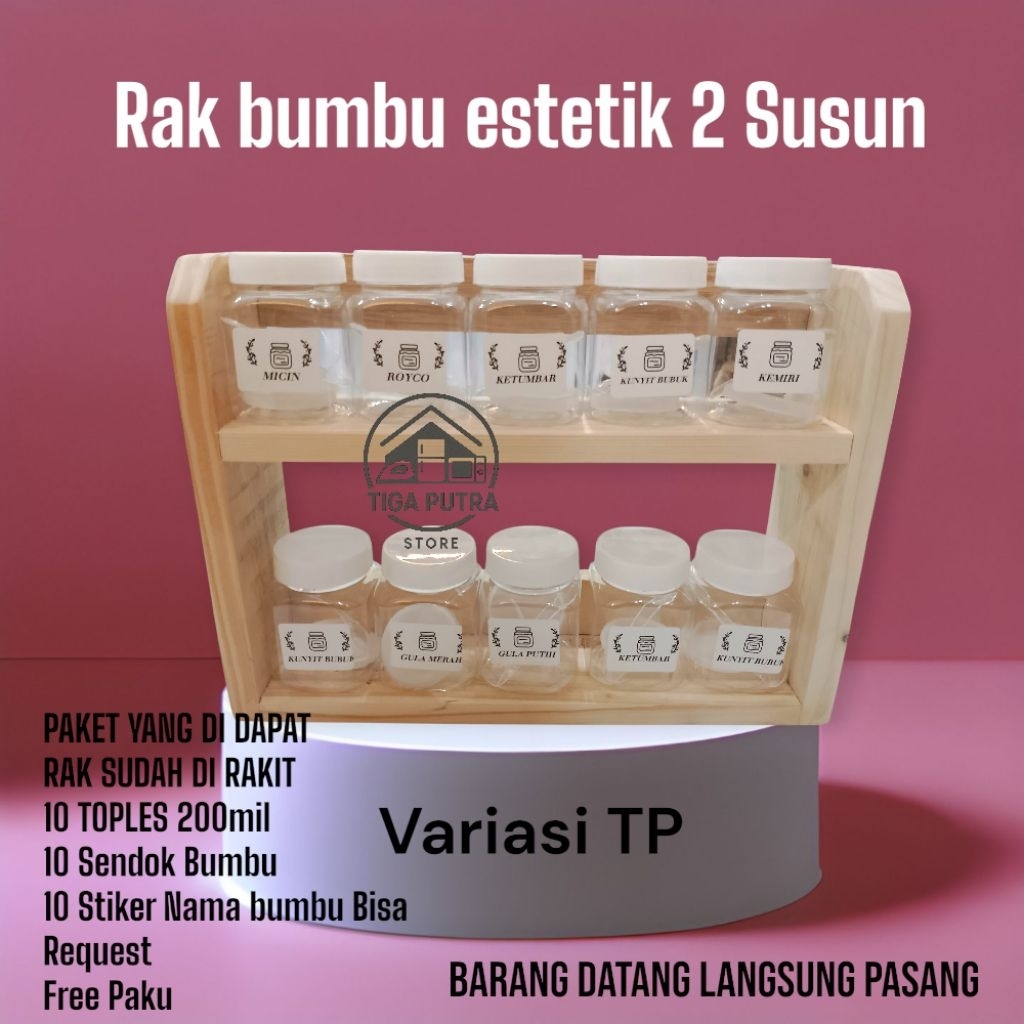 Rak Dapur estetik tempat bumbu Serbaguna Tempel dinding kayu 2 susun