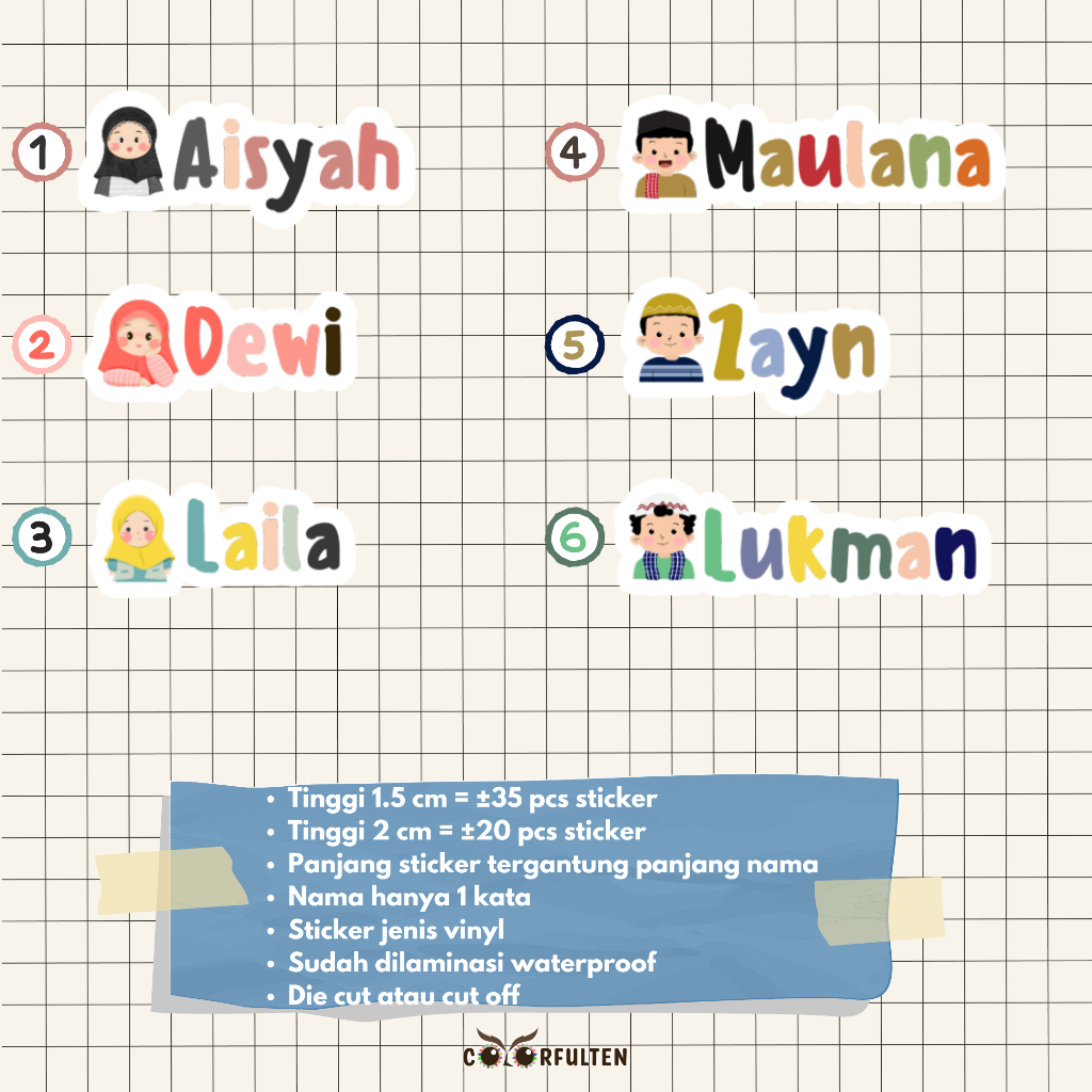 

Stiker nama vinyl custom waterproof anti air model character muslim / label nama sekolah