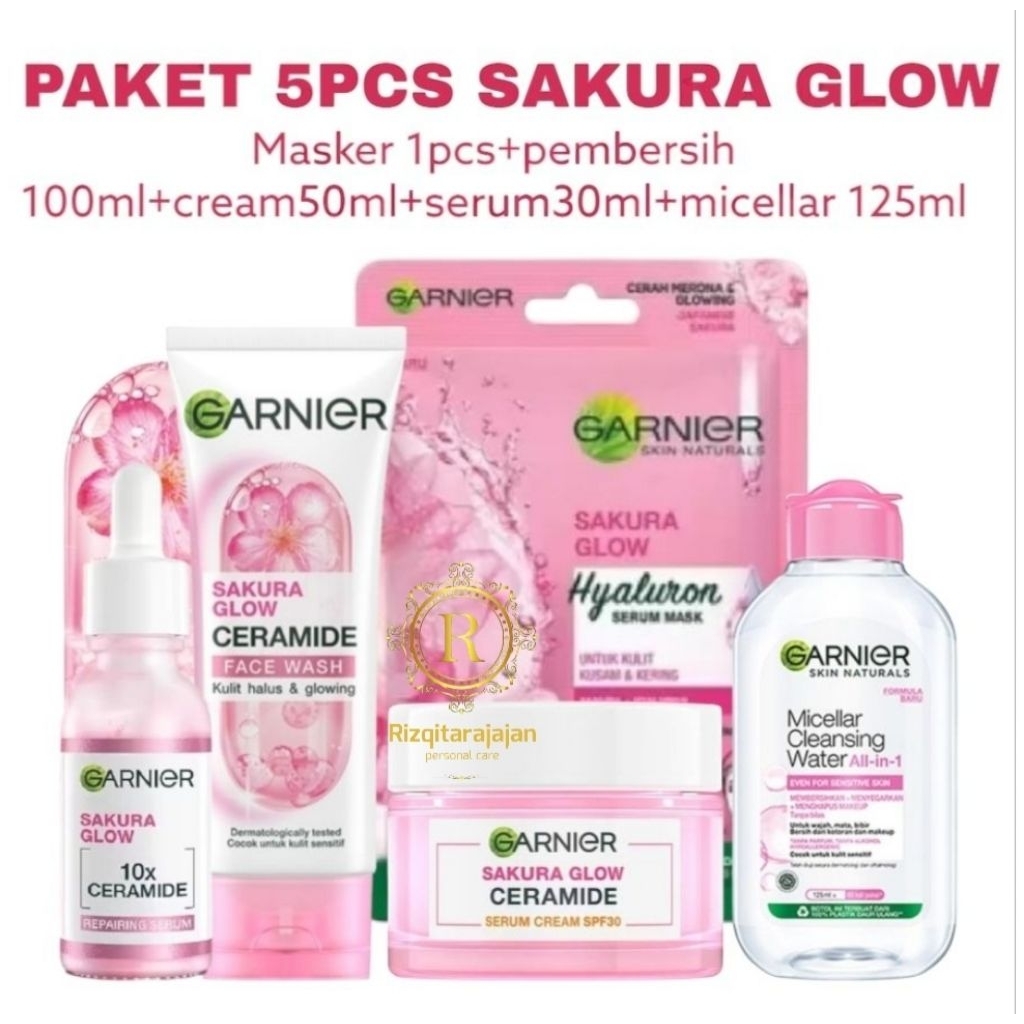 Garnier Kit Paket 5pcs, Garnier sakura Glow Paket kecantikan isi 5pcs, pembersih wajah, cream pelemb