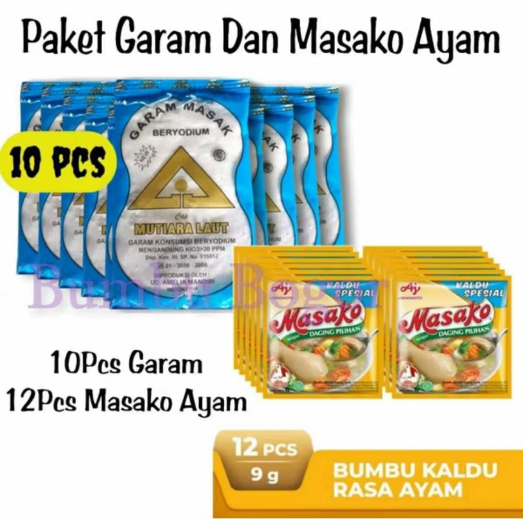 

paket termurah 10 pcs garam dapur 100gr + 12 pcs masako ayam kemasan 9gr 1 renceng