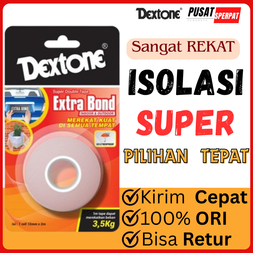 DEXTONE SELOTIP DOUBLETAPE EXTRABOND MERAH HIJAU REKAT KUAT TAHAN LAMA UNTUK BERBAGAI KEBUTUHAN