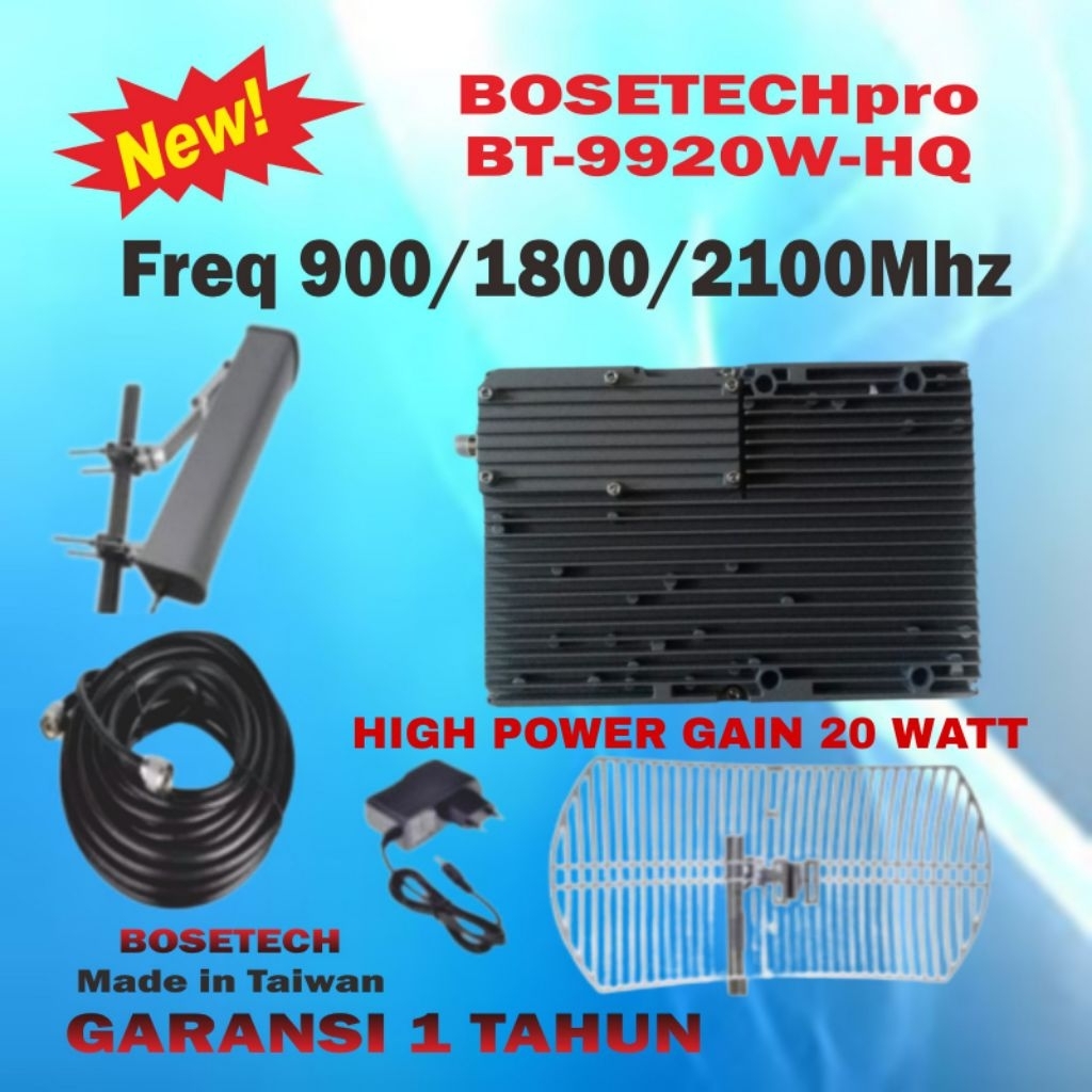 BOSETECH BT-9920W-HQ Repeater GSM 20 Watt Penguat Sinyal Hp LTE 4G 3G 2G Signal Booster Antena Grid 