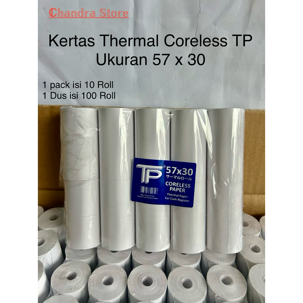 

Kertas Thermal Coreless TP / Kertas Thermal Polos/ Ukuran 57x30 (Per Dus isi 100 Roll)