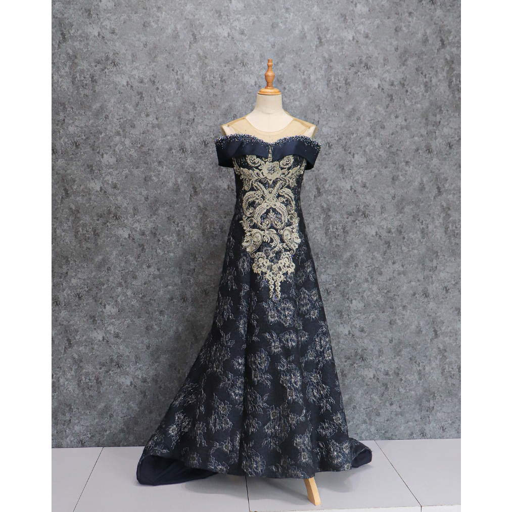 Navy Jacquard Bordir Gold A-Line Dress Mewah Preloved Second