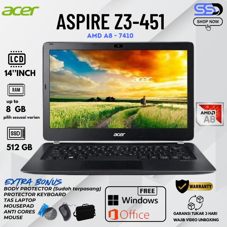 ACER Z3-451 AMD A8-7410 RAM 8GB/SSD 512GB 14''Inch Win 10 ( BARU ) free MOUSE DAN TAS LAPTOP