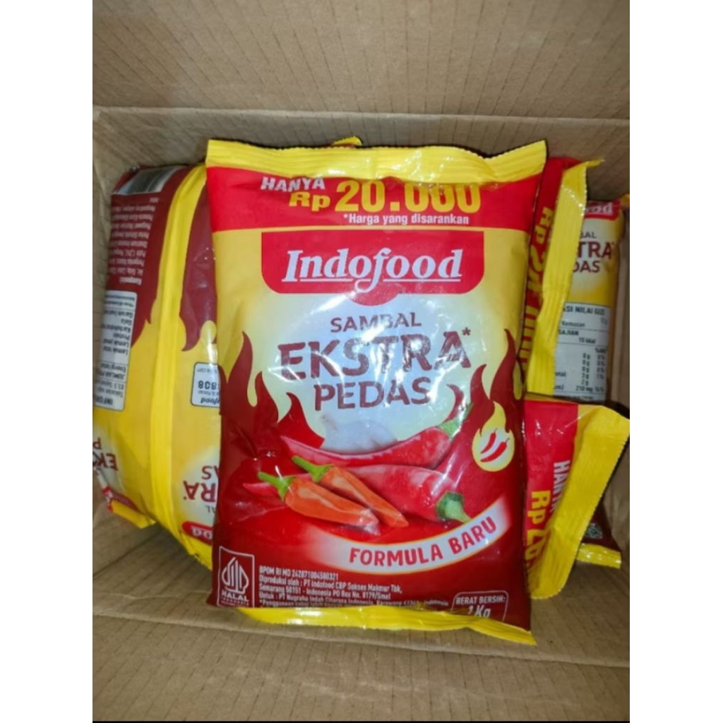 

saos indoofood ekstra pedas pillow 1kg kemasan bantal