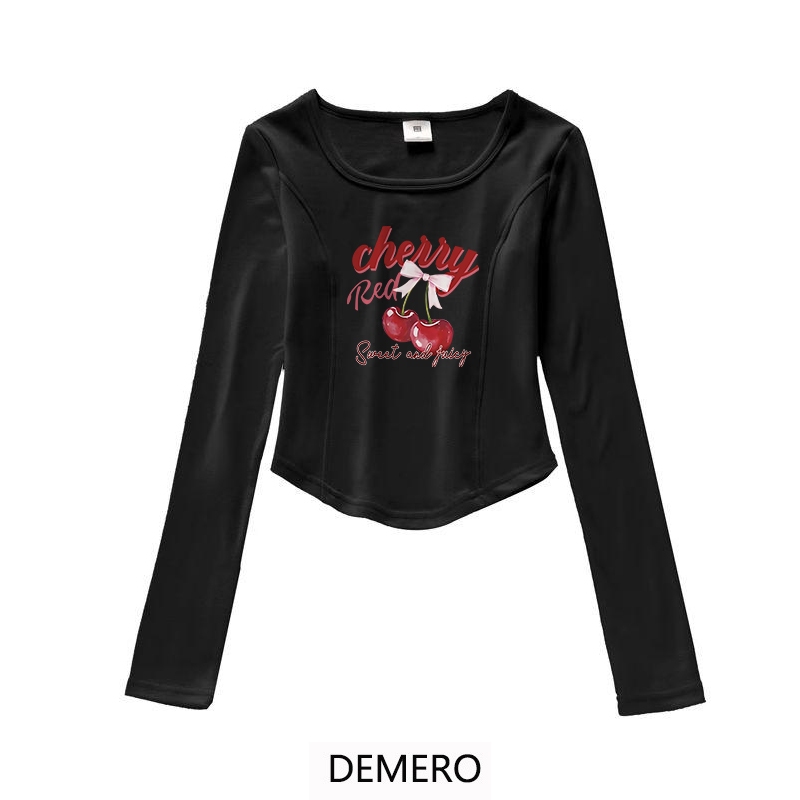 Demero Atasan Pendek Lengan Panjang Motif Kartun Cetak ceri | Kaos Ketat Wanita Modern Korea | Pakai