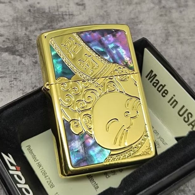 Zippo Lucky Cat Shell Gold Plated Original