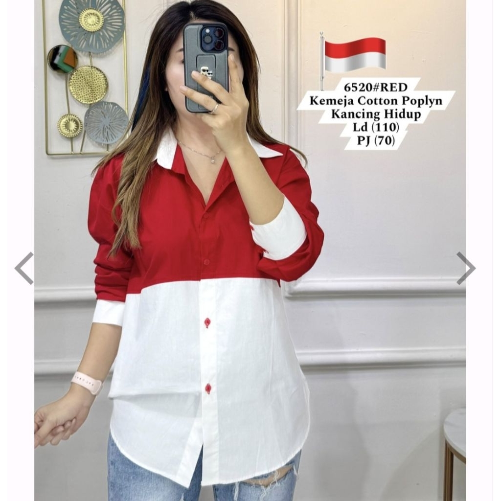 ELL 6520 KEMEJA MERAH PUTIH WANITA IMPORT / KEMEJA BKK WANITA / READY / REALPICT